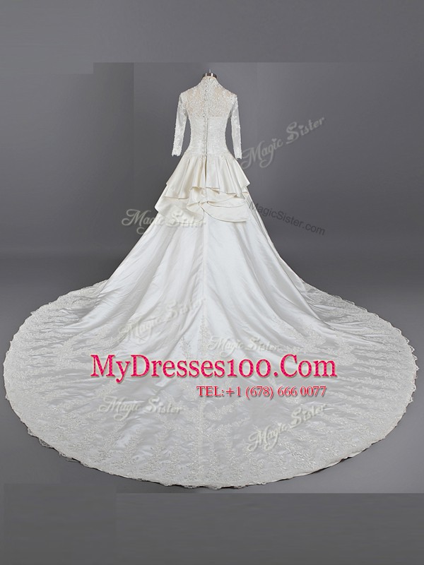 Wonderful Chiffon 3 4 Length Sleeve With Train Wedding Gown Cathedral Train and Lace