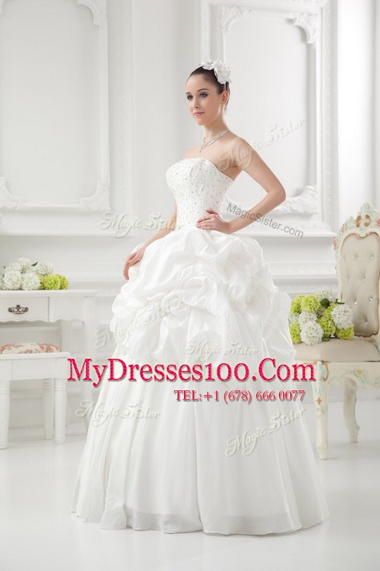 Clearance White Taffeta Lace Up Wedding Dresses Sleeveless Floor Length Beading and Pick Ups