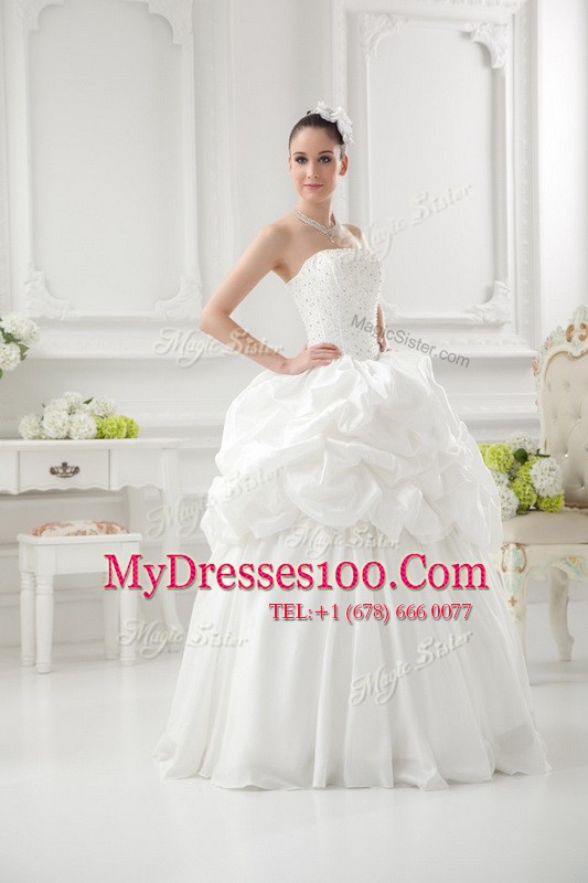 Clearance White Taffeta Lace Up Wedding Dresses Sleeveless Floor Length Beading and Pick Ups