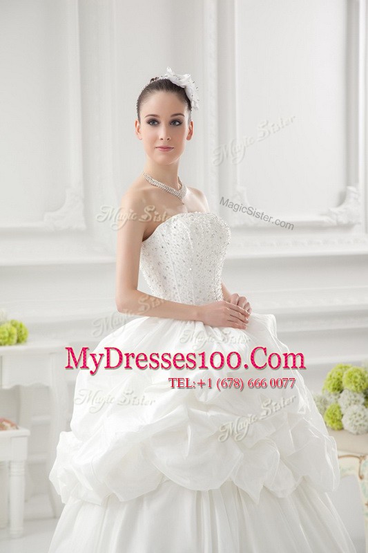 Clearance White Taffeta Lace Up Wedding Dresses Sleeveless Floor Length Beading and Pick Ups
