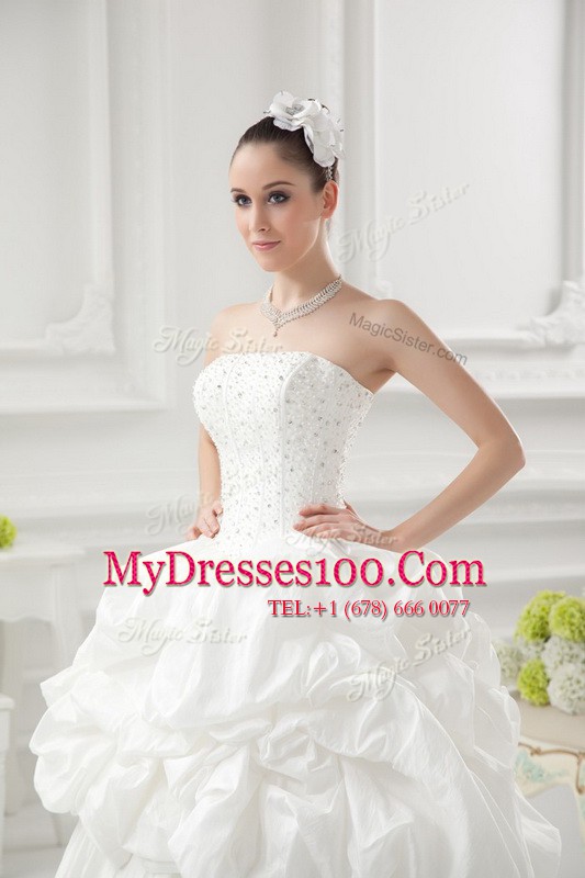 Clearance White Taffeta Lace Up Wedding Dresses Sleeveless Floor Length Beading and Pick Ups