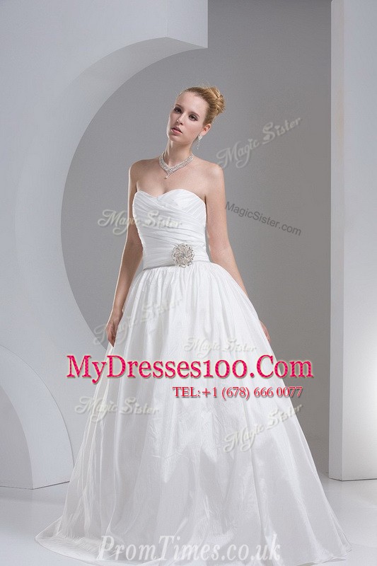 Pretty White Sleeveless Floor Length Beading and Ruching Zipper Bridal Gown