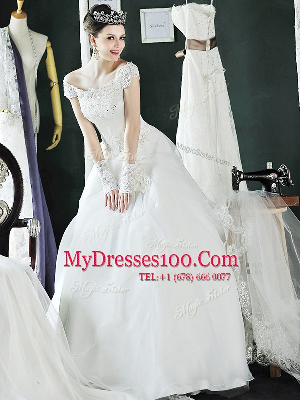 New Style Off the Shoulder Floor Length Lace Up Wedding Dresses White for Wedding Party with Beading and Lace and Appliques