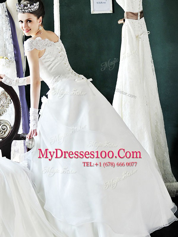 New Style Off the Shoulder Floor Length Lace Up Wedding Dresses White for Wedding Party with Beading and Lace and Appliques