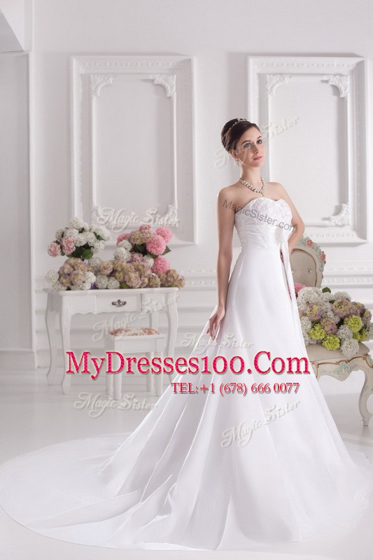 Best Selling White Wedding Gown Satin Court Train Sleeveless Lace and Bowknot