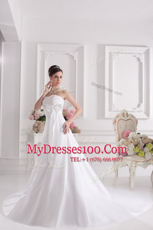Best Selling White Wedding Gown Satin Court Train Sleeveless Lace and Bowknot
