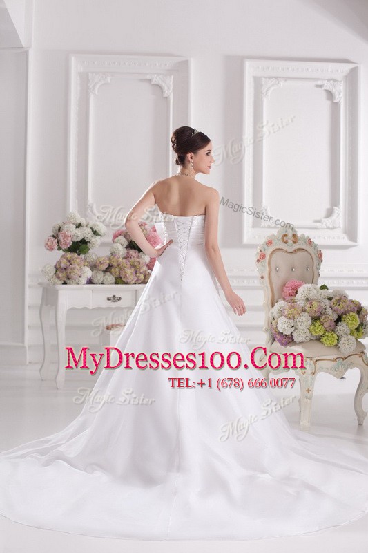 Best Selling White Wedding Gown Satin Court Train Sleeveless Lace and Bowknot