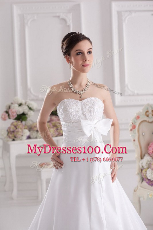 Best Selling White Wedding Gown Satin Court Train Sleeveless Lace and Bowknot