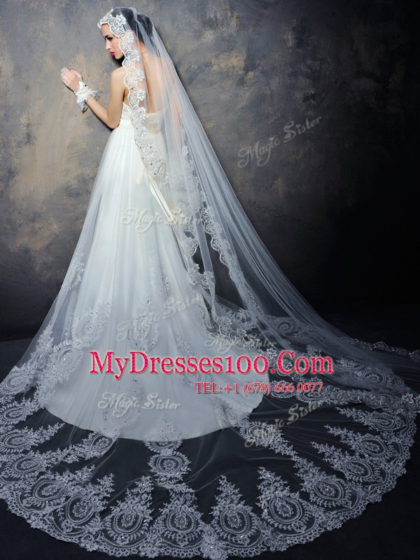 New Style White Lace Up Wedding Dresses Beading and Appliques Sleeveless With Train Court Train