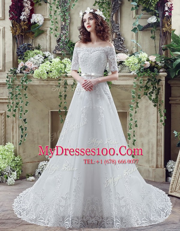 Pretty White Off The Shoulder Lace Up Lace and Appliques and Bowknot Wedding Dresses Court Train Short Sleeves