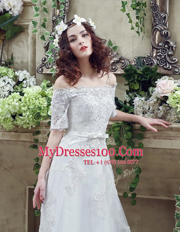 Pretty White Off The Shoulder Lace Up Lace and Appliques and Bowknot Wedding Dresses Court Train Short Sleeves