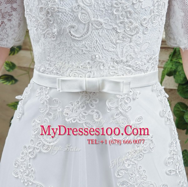 Pretty White Off The Shoulder Lace Up Lace and Appliques and Bowknot Wedding Dresses Court Train Short Sleeves