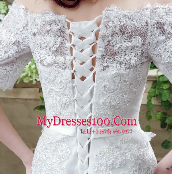 Pretty White Off The Shoulder Lace Up Lace and Appliques and Bowknot Wedding Dresses Court Train Short Sleeves
