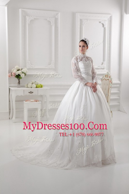 White Zipper Bridal Gown Lace Long Sleeves Sweep Train