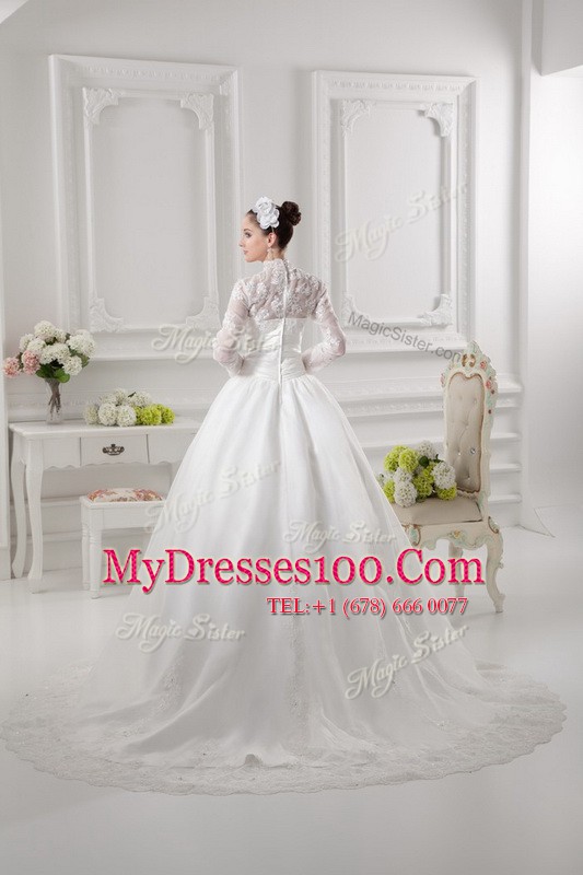 White Zipper Bridal Gown Lace Long Sleeves Sweep Train