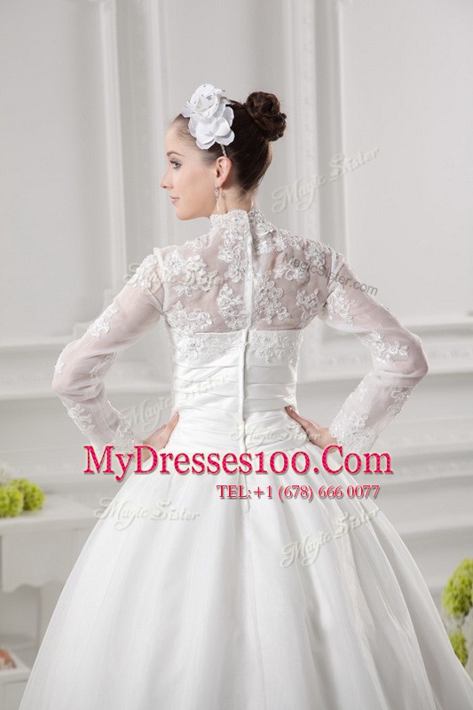 White Zipper Bridal Gown Lace Long Sleeves Sweep Train
