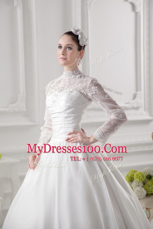 White Zipper Bridal Gown Lace Long Sleeves Sweep Train
