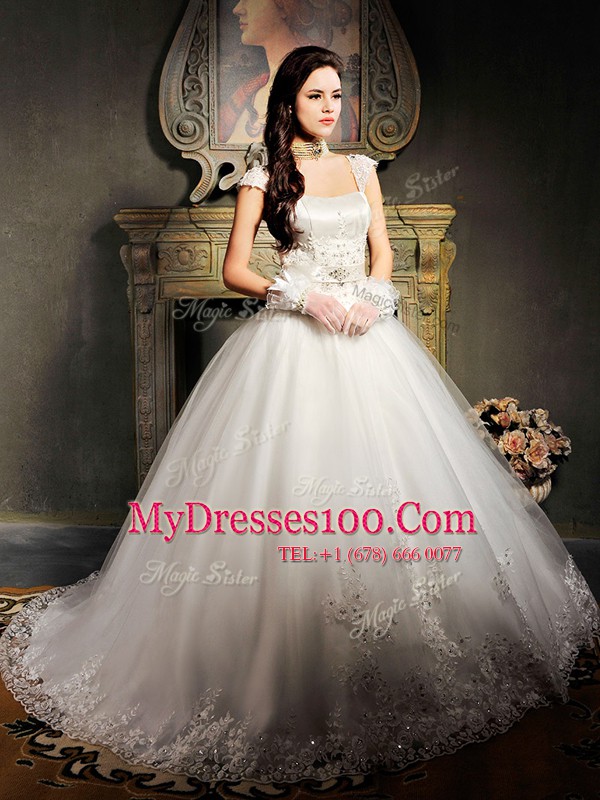 Elegant Cap Sleeves Brush Train Beading and Appliques Lace Up Wedding Dresses