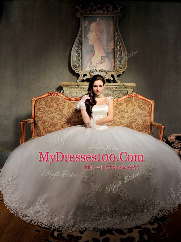 Elegant Cap Sleeves Brush Train Beading and Appliques Lace Up Wedding Dresses