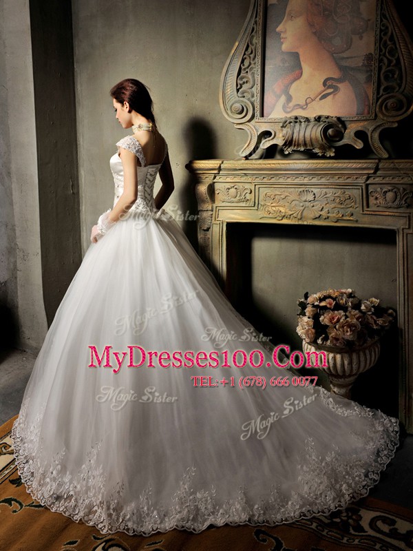 Elegant Cap Sleeves Brush Train Beading and Appliques Lace Up Wedding Dresses