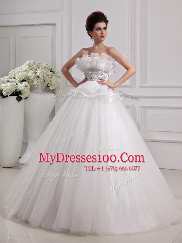 Custom Design White Tulle Zipper Strapless Sleeveless Floor Length Wedding Gown Beading