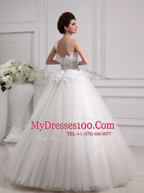 Custom Design White Tulle Zipper Strapless Sleeveless Floor Length Wedding Gown Beading