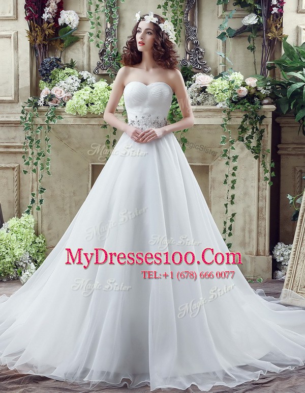 Cute White Wedding Dress Organza Court Train Sleeveless Beading