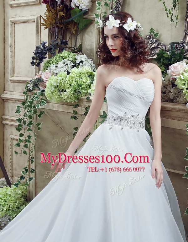 Cute White Wedding Dress Organza Court Train Sleeveless Beading