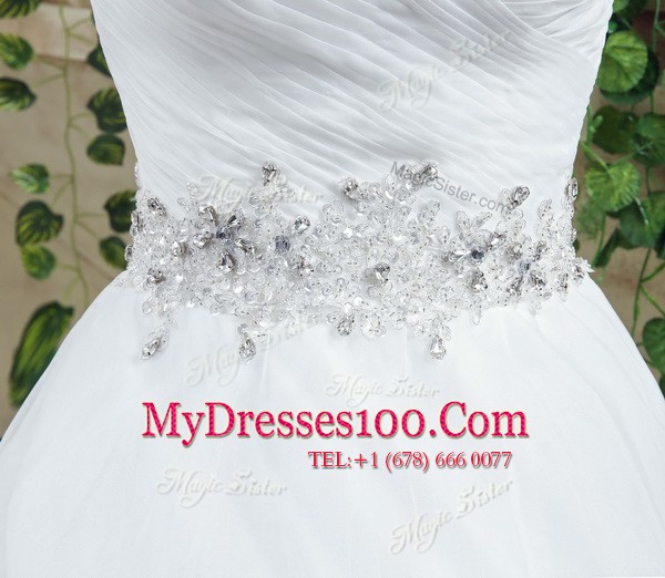 Cute White Wedding Dress Organza Court Train Sleeveless Beading
