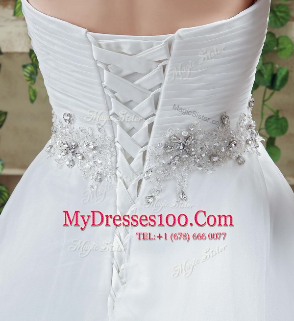 Cute White Wedding Dress Organza Court Train Sleeveless Beading