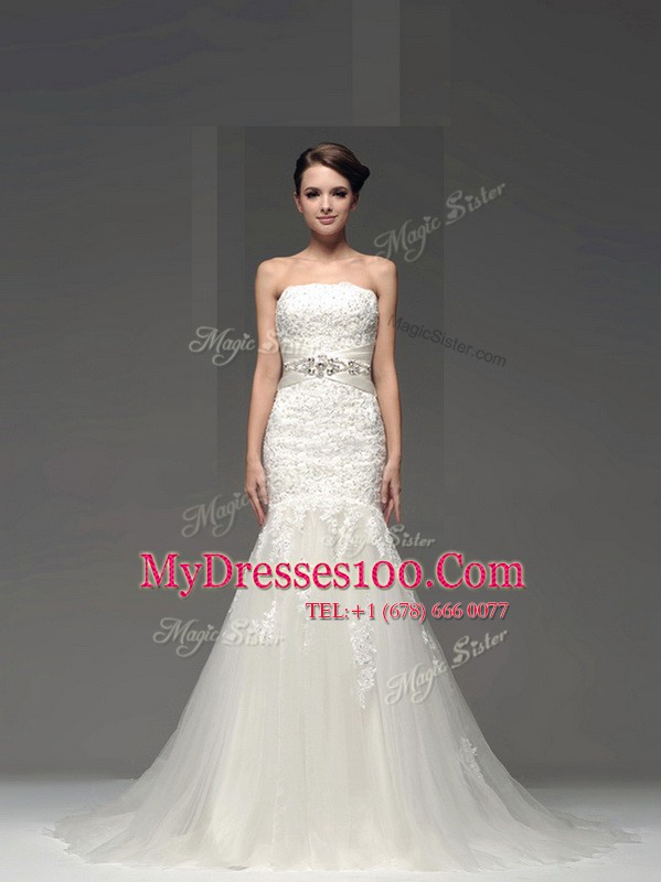 Customized White Mermaid Strapless Sleeveless Tulle and Lace With Brush Train Side Zipper Lace and Appliques Wedding Gowns