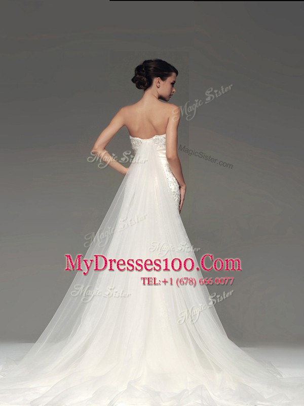 Customized White Mermaid Strapless Sleeveless Tulle and Lace With Brush Train Side Zipper Lace and Appliques Wedding Gowns
