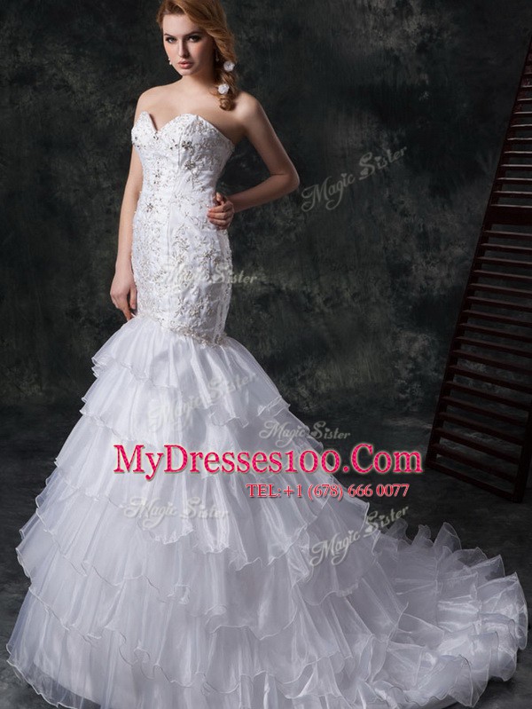Extravagant Mermaid Lace Up Wedding Dresses White for Wedding Party with Beading and Appliques and Ruffles Brush Train