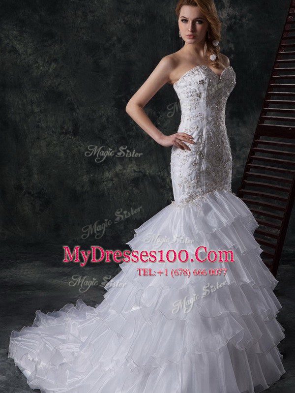 Extravagant Mermaid Lace Up Wedding Dresses White for Wedding Party with Beading and Appliques and Ruffles Brush Train