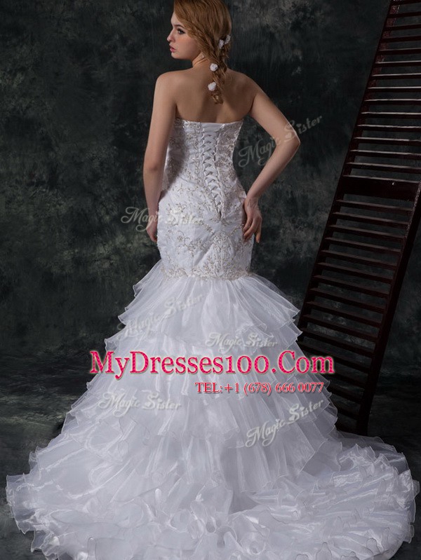 Extravagant Mermaid Lace Up Wedding Dresses White for Wedding Party with Beading and Appliques and Ruffles Brush Train