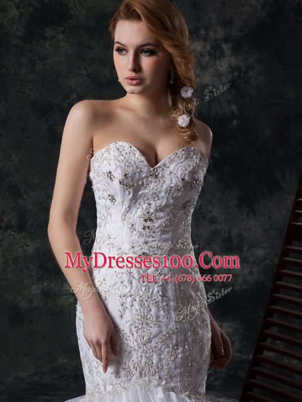 Extravagant Mermaid Lace Up Wedding Dresses White for Wedding Party with Beading and Appliques and Ruffles Brush Train