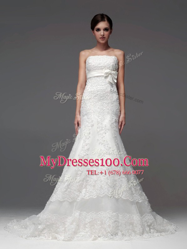 Flare A-line Sleeveless White Wedding Dresses Brush Train Lace Up