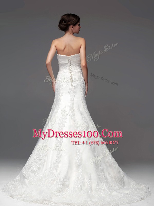 Flare A-line Sleeveless White Wedding Dresses Brush Train Lace Up