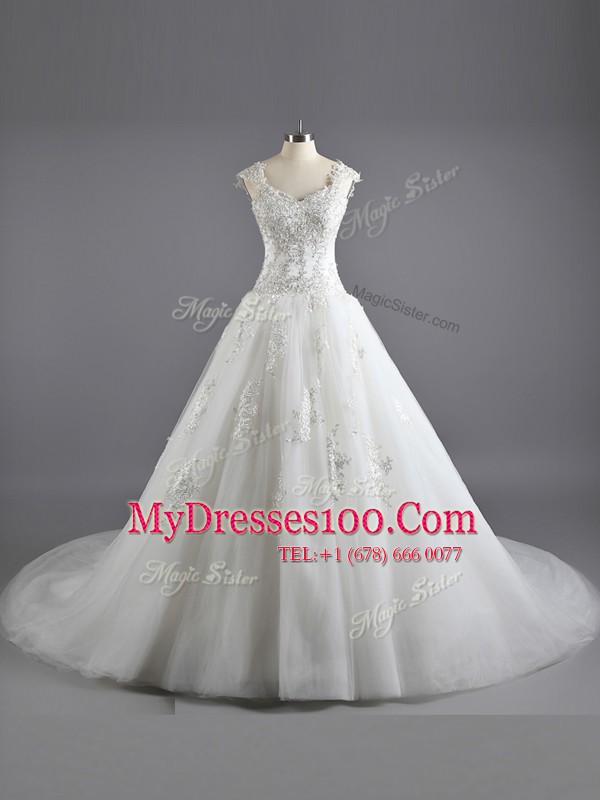 Floor Length Lace Up Wedding Dress White for Wedding Party with Lace and Appliques Court Train