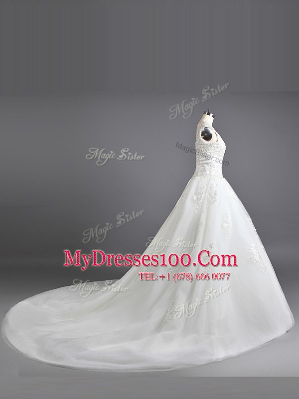 Floor Length Lace Up Wedding Dress White for Wedding Party with Lace and Appliques Court Train