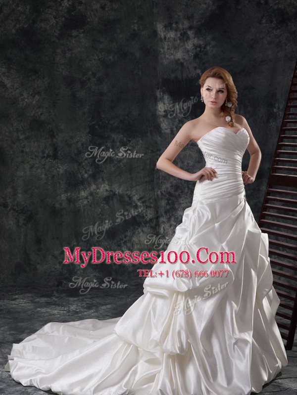Clearance Sweetheart Sleeveless Wedding Dress Court Train Beading and Appliques and Ruching and Pick Ups White Taffeta