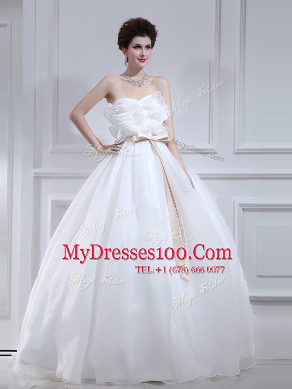 Floor Length Lace Up Wedding Dress White for Wedding Party with Ruffles and Sashes ribbons