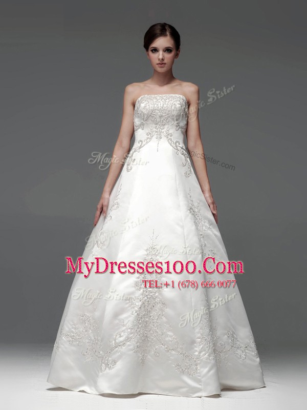 Fantastic Floor Length Lace Up Bridal Gown White for Wedding Party with Embroidery