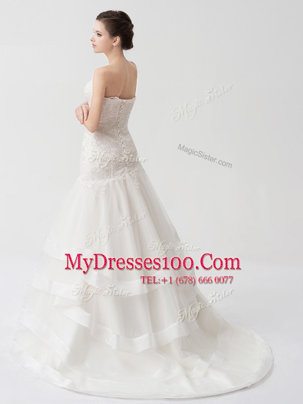 Ruffled White Sleeveless Tulle Brush Train Lace Up Bridal Gown for Wedding Party