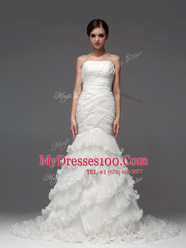 Mermaid Sleeveless Brush Train Ruffled Layers Lace Up Wedding Dresses