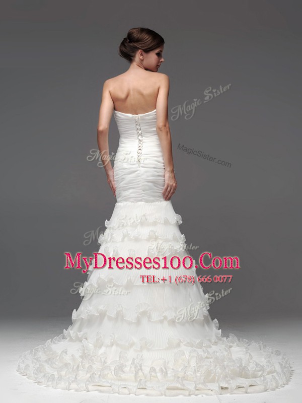Mermaid Sleeveless Brush Train Ruffled Layers Lace Up Wedding Dresses