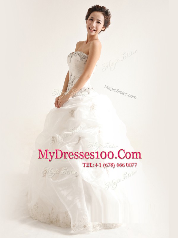 Admirable White Zipper Strapless Beading and Ruffles Wedding Gowns Organza Sleeveless
