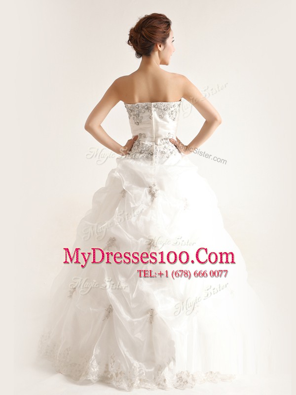 Admirable White Zipper Strapless Beading and Ruffles Wedding Gowns Organza Sleeveless