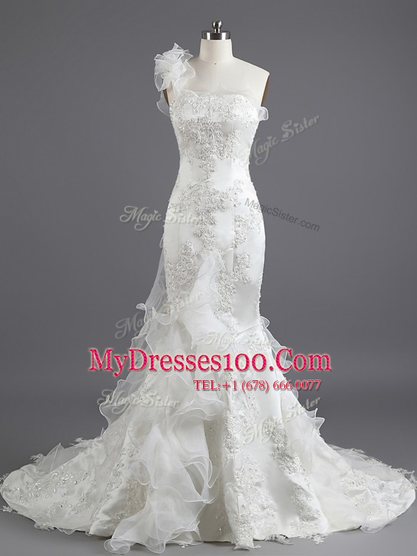 Romantic Mermaid Strapless Sleeveless Chapel Train Lace Up Wedding Dresses White Satin