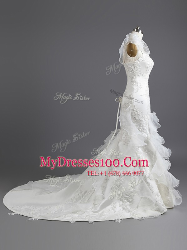 Romantic Mermaid Strapless Sleeveless Chapel Train Lace Up Wedding Dresses White Satin